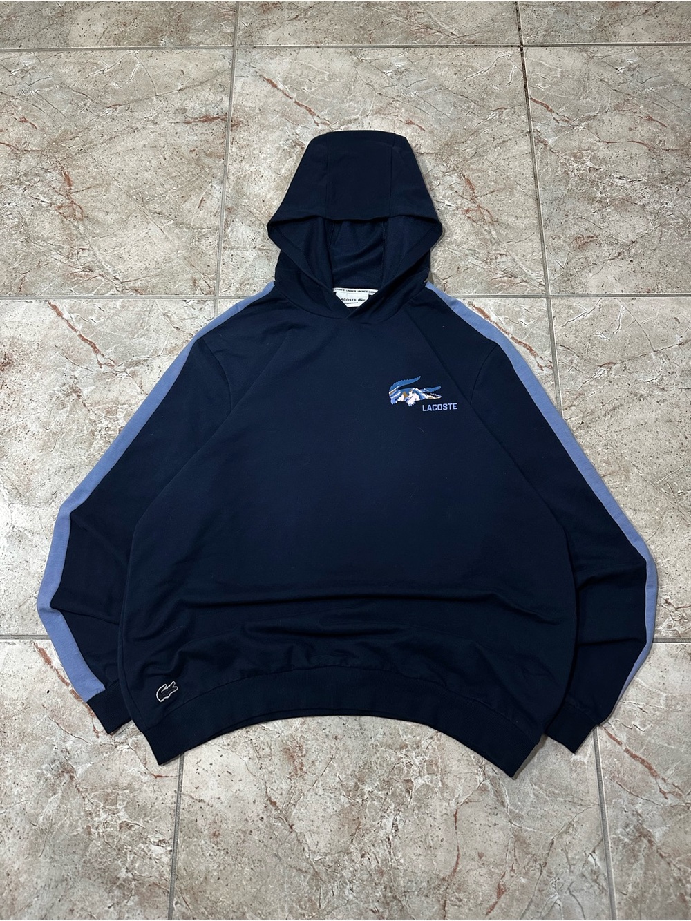 Lacoste Navy Blue Hoodie with Light Blue Sleeve Stripes — Size L